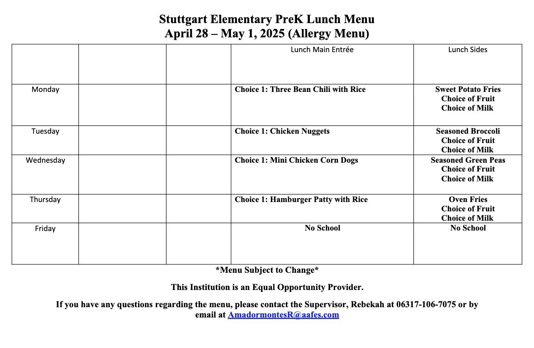allergy prek menu